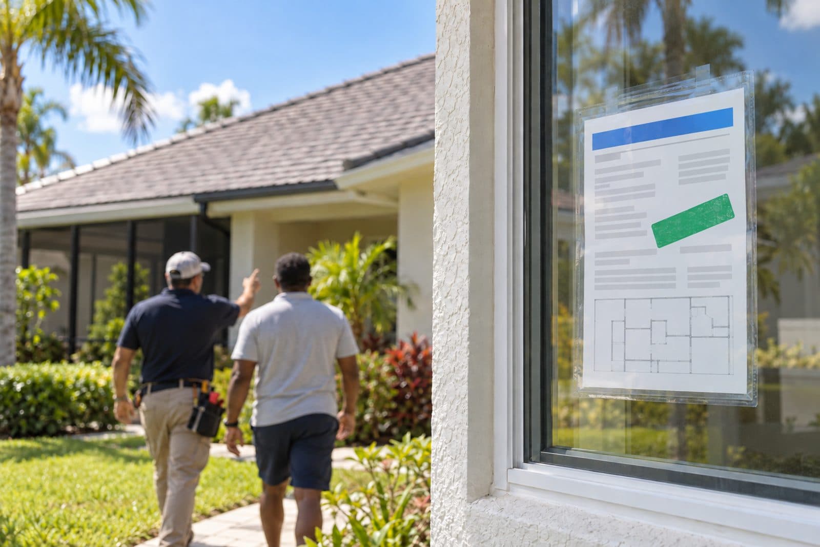A contractor seen from behind at a building department counter, a roll of plans under one arm and a folder of permit papers on the counter.