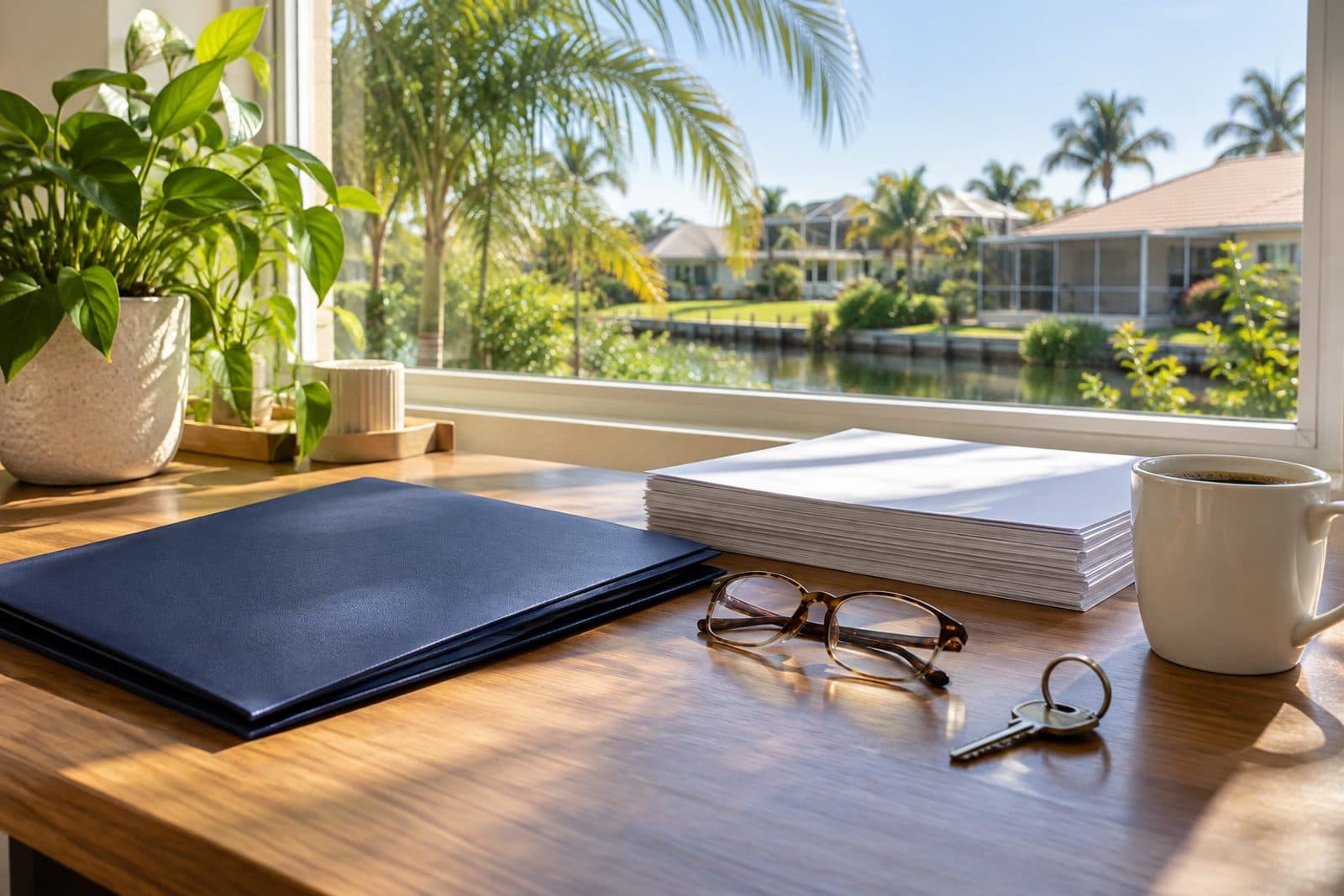 Close-up of hands holding a folded letter at a kitchen table, the print out of focus, with a set of house keys and a pen beside it and a Florida front yard soft through the window.