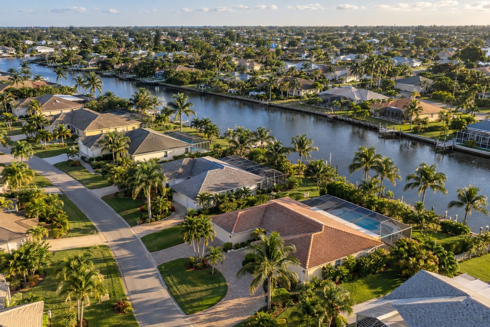 An aerial view of a South Florida neighbourhood with tile roofs, pools, curving streets and a canal.
