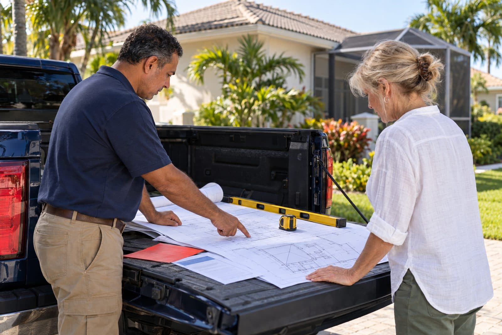 A contractor and a homeowner reviewing a set of drawings on the tailgate of a pickup in a Florida driveway.