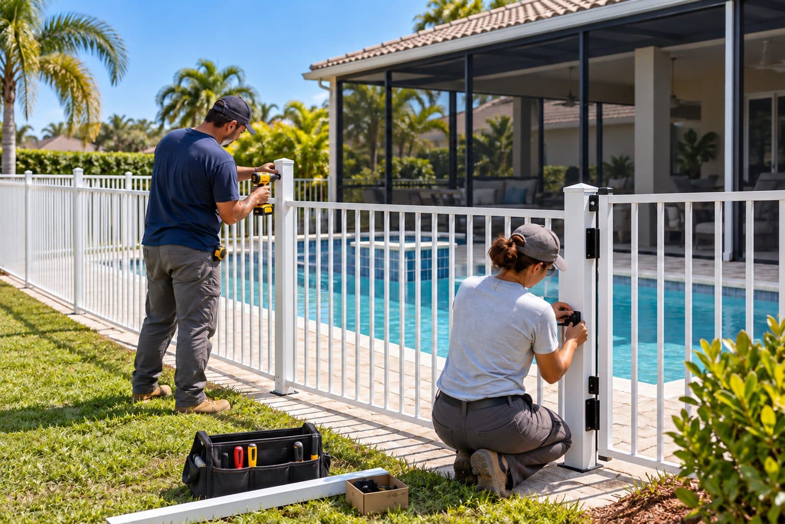 A wooden privacy fence along a Florida backyard with two leaning sections and a new post set in fresh concrete, a screened pool enclosure in the background.