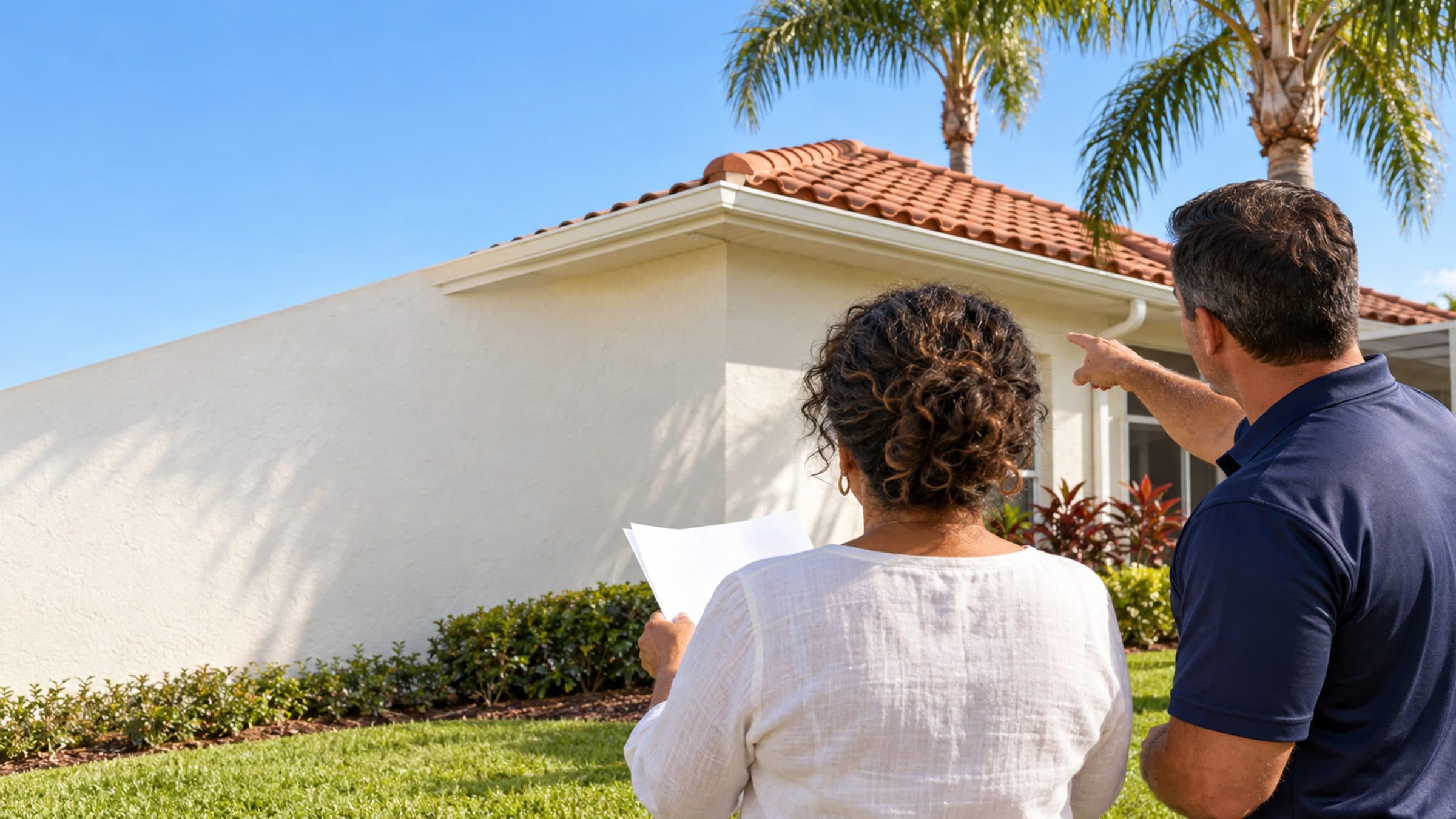 A Florida stucco home with a tile roof; a homeowner holding a letter while a contractor points out the fix.