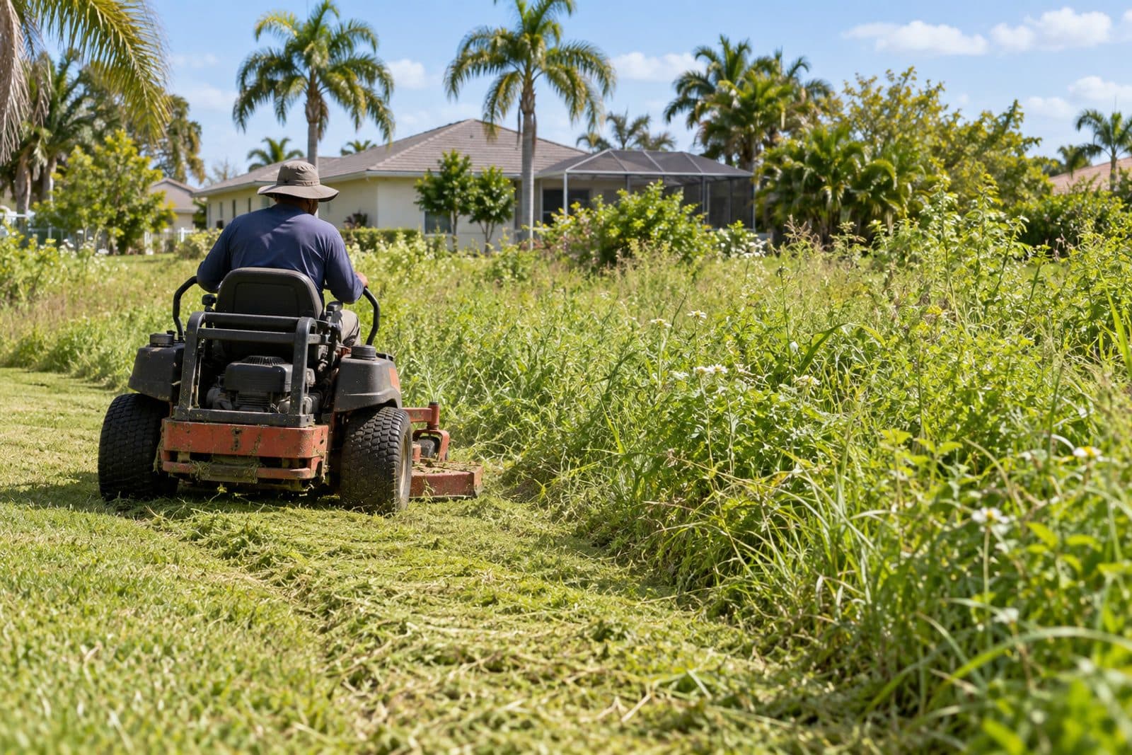 An overgrown backyard on a Florida lot with tall grass, palm fronds and a stack of old lumber, half of it freshly mowed and cleared, a mower parked at the edge of the cut line.