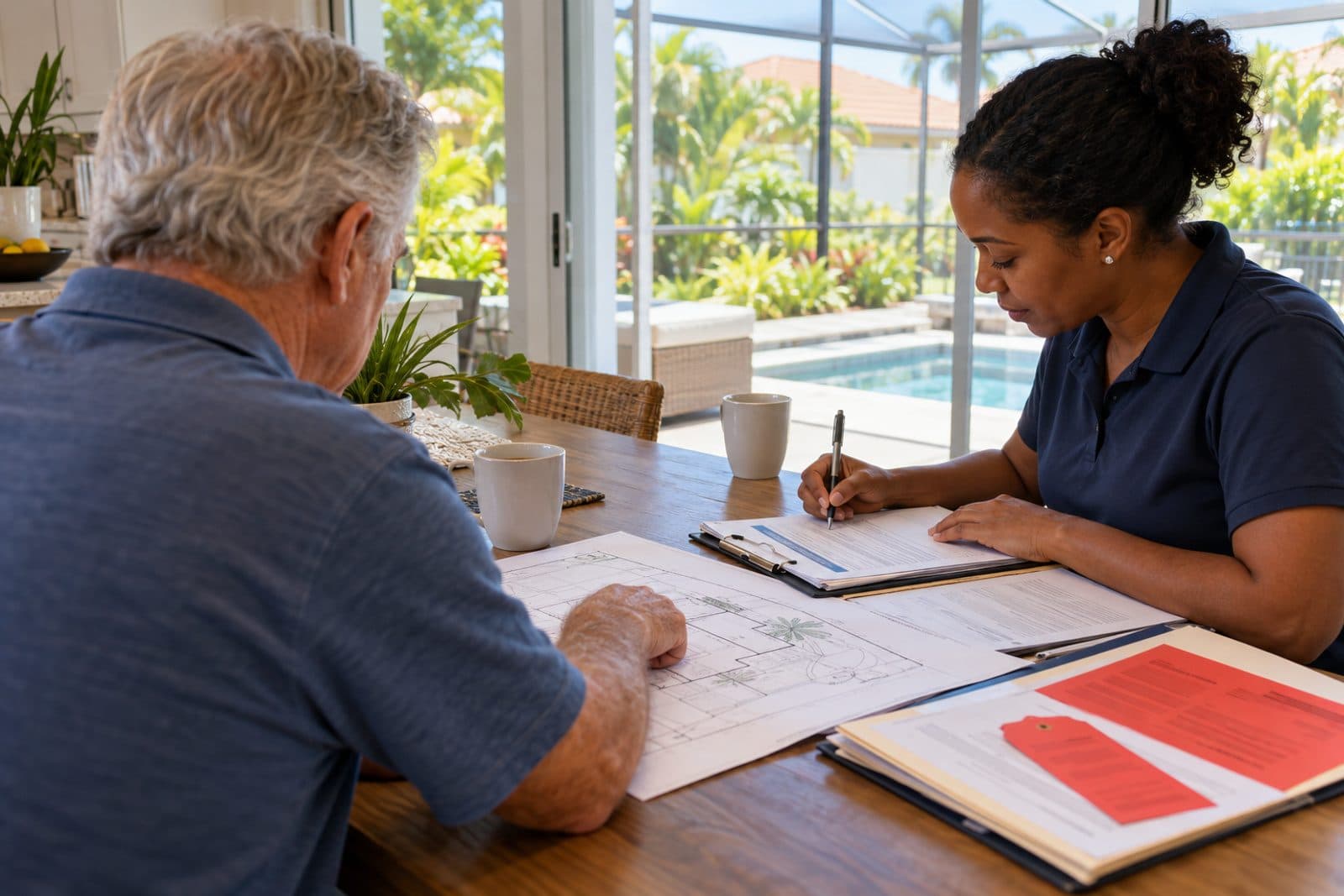 A homeowner and a contractor going over paperwork together at a kitchen table, a lanai and pool outside.