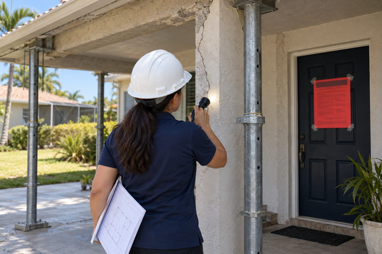 A sagging aluminum carport beside a Florida home with temporary wood shoring under one corner, a contractor seen from behind checking a post with a level.