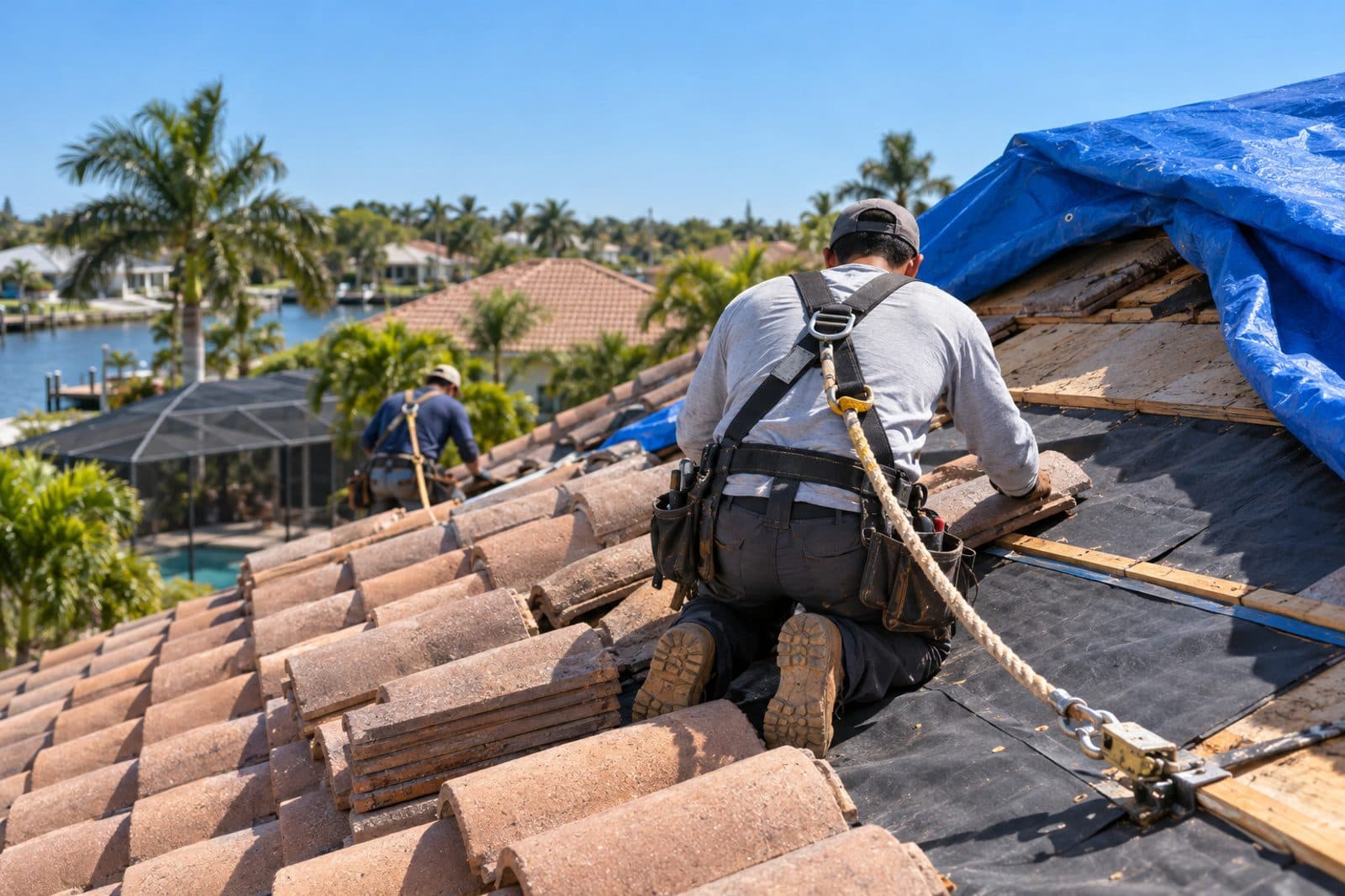 A single-story Florida home with a weathered blue tarp over part of a tile roof, a roofer seen from behind on a ladder at the eave with a roll of underlayment.