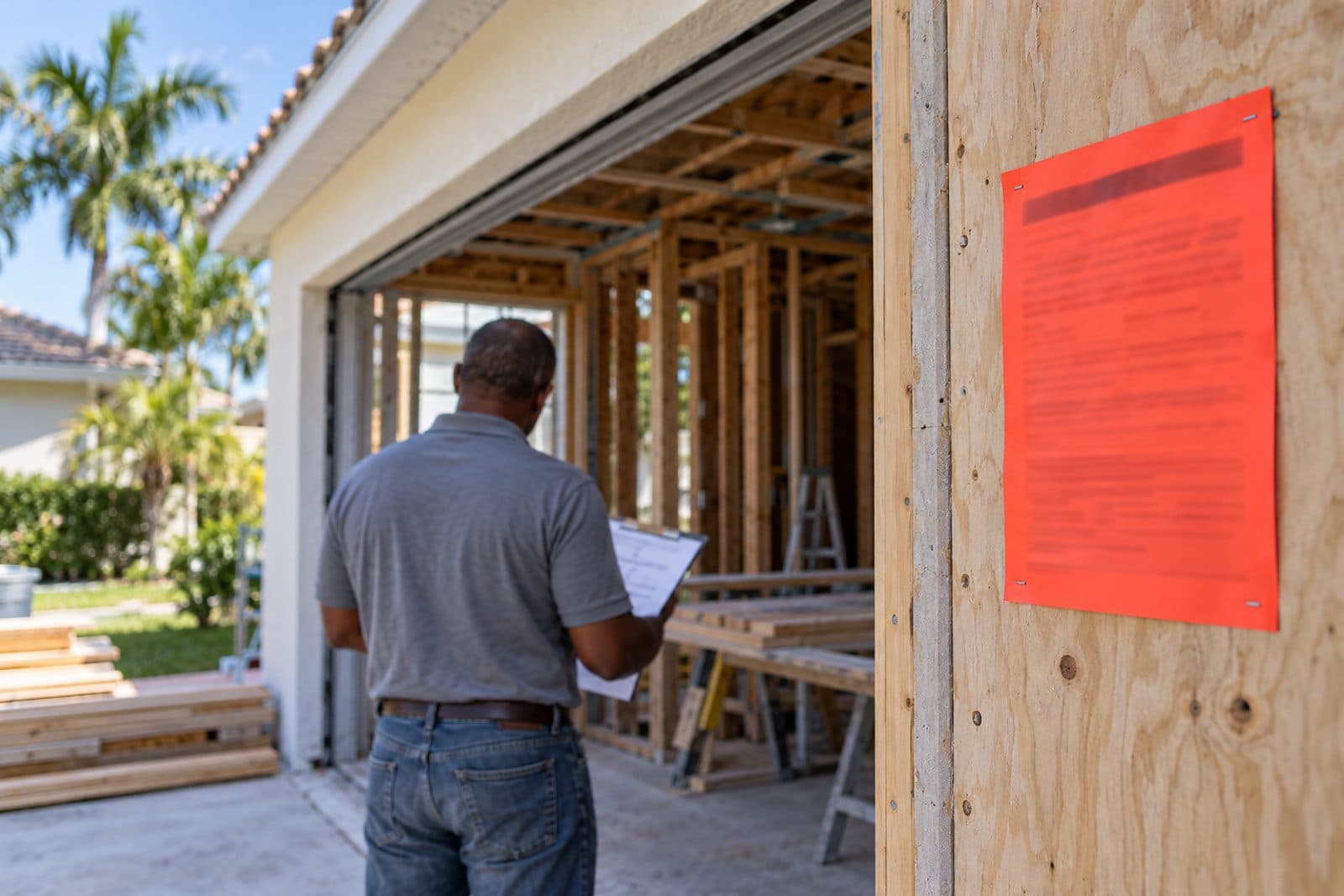 A screened porch enclosure on the back of a Florida ranch house, a contractor seen from behind measuring the framing at one corner with a tape.